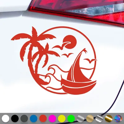 Produktbild von PantherPixel Sonne Strand Aufkleber Palmen Urlaub Reisen Segelboot Sticker Auto Geschenkidee Farbe Rot