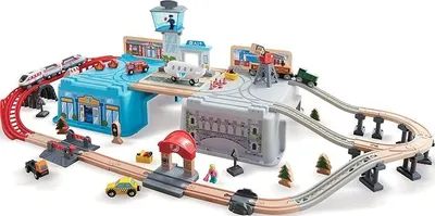Imagen del producto de Tren de madera con temática urbana – incluye un contenedor de almacenamiento, fomenta la creatividad y el juego de roles, para niños a partir de 3 años