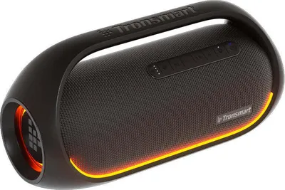 A black Tronsmart Bluetooth speaker with orange LED accents.