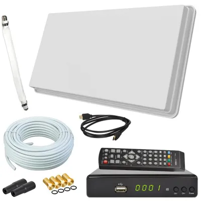Produktbild von Selfsat H30D1+ Flachantenne Single + HD RECEIVER + 10m Kabel + Fensterhalterung + 1 Fensterdurchführung + 4 F-Stecker + 2 Wetterschutztüllen (Full HD 4K UHD Sat Anlage für 1 Teilnehmer)