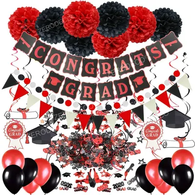 Productafbeelding van Decoratieset voor een feest, zwart en rood, met vlag, pompons, slingers en ballonnen