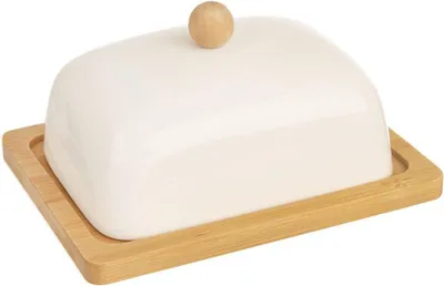 Produktbild von Orion Butterdose | Butter-Behälter | Butterschale aus Porzellan mit Bambusholzunterlage weiß mit Glocke