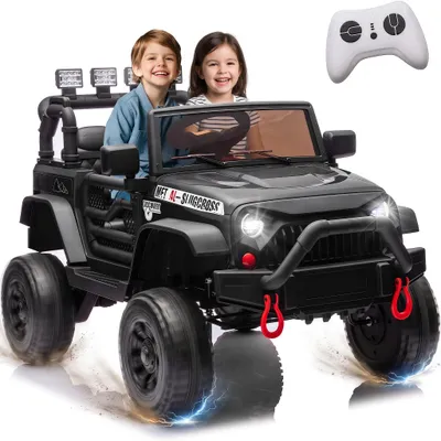 Produktbild von 12V Elektro Kinderfahrzeug Kinderauto Jeep mit Tür, 2x Motoren, mit Fernbedienung, LED Lichts, eingebauter Musik, Bluetooth-Verbindung, schwarz, KI-generiertes Bild