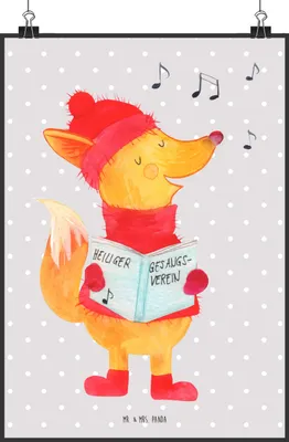 Produktbild von Mr. & Mrs. Panda Bild Fuchs Sänger DIN A2 - Grau Pastell - Geschenk, Weihnachten, Winter, Heiligabend, Kunstdruck, wanddeko, Weihnachtslieder, Plakat, grafikposter