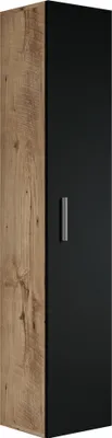 Image de Armoire de salle de bain Pluto 30 x 30 x 150 cm - Chene chataignier avec noir mat - Meuble de rangement haut placard armoire colonne