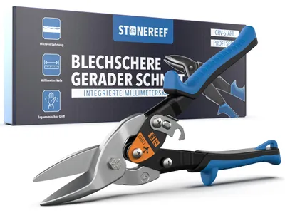 Produktbild von Blechschere gerader Schnitt mit Millimeterskala Metallschere Blech Schneidet Stahlblech bis 1,5 mm und Edelstahl bis 0,9 mm – Millimeterskala auf der