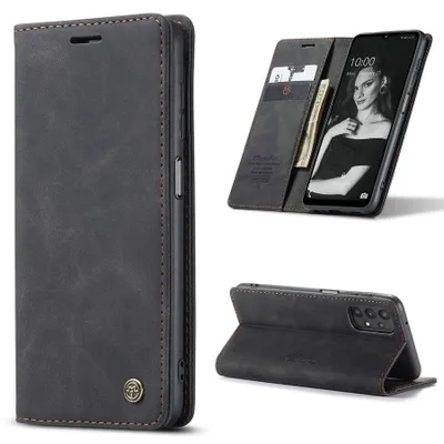 A collage of images showing a dark gray flip phone case from different angles, including one with a phone inside showing a woman on the screen.