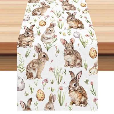Produktbild von Tischläufer Ostern 40x140cm Wasserdicht Kaninchen Tulpen Leinenoptik Wiederverwendbar Frühling