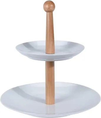 Produktbild von Keramiek etagère mit 2 Etagen aus Keramik und Holz für Obst - Serviertischplatte