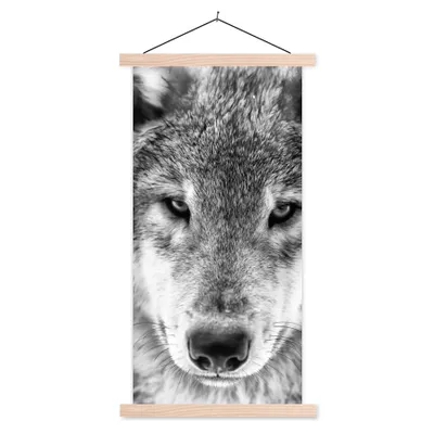 Produktbild von MuchoWow® Textilposter Tierprofil Wolf in schwarz und weiß 60x120 cm mit holzfarbenen Rahmen - Holz