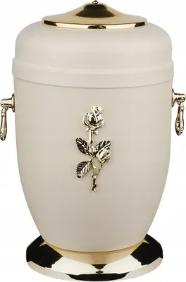 A cream-colored urn with gold accents and a rose decoration, displayed on a white background.
