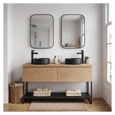 Image de Meuble double vasque 120 cmReproduction chêne et pieds en métal noir - sans vasque