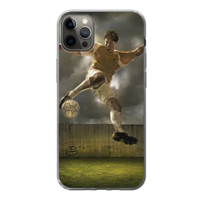 Produktbild von MuchoWow® Handyhülle Schutzhülle Hülle für iPhone 13 Pro Max Eine Illustration eines Fußballspielers, der den Ball schießt - Jungen - Kinder Silikon Softcase Handy Hülle - Mobiltelefon