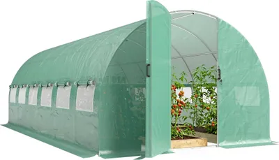 Produktbild von Gewächshaus - Folientunnel 597×295×200 cm - Scharnier-Tür - Netzfenster - PE-Folie 140 g/m² - Verzinkter Stahlrahmen - UV-Schutz - Wasserdicht - Grün