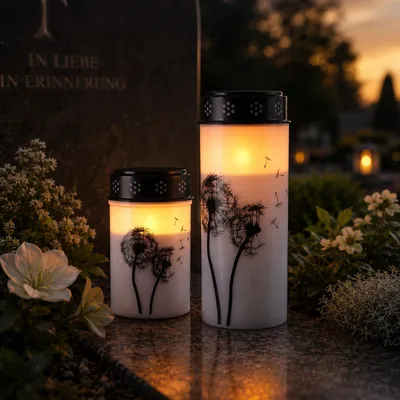 Produktbild von LED Grablichter/Grabkerzen Pusteblume - bis 2500 Stunden - H: 21cm/12cm, D: 7cm - Timer - 2er Set