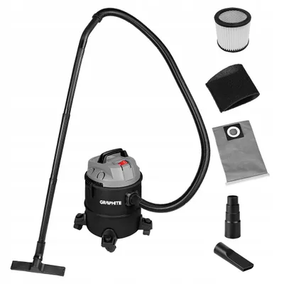 A wet and dry vacuum cleaner with accessories, laid out on a white background.