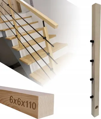 Obrázok produktu pre Štvorhranné drevo - Drevený stĺpik - na zábradlie - 6x6x110 cm - jaseňové drevo - kompletná montážna súprava - priechodné držadlá na rúrky s ⌀ 12 mm