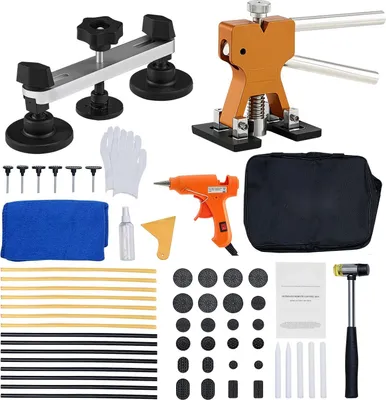 Produktbild von Dellenentferner-Set - PDR-Dellenzieher 60-teilig - Lackfreie Dellenentfernung - Goldener Heber - Brückenzieher - Gummihammer - Klebepistole - Für Auto-Karosserie & Hagelschäden