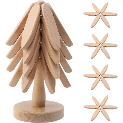 Produktbild von 4er Untersetzer,Massivholz Tischuntersetzer, faltbar, ideal für heiße Töpfe und Schalen,Holz Isoliermatte, Deko Tischset Holzfarbe