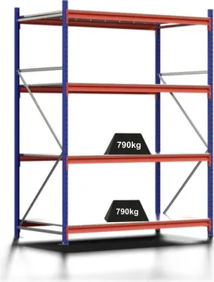 Produktbild von Weitspannregal MOOSE Stecksystem Omega-Profil | Grundregal | HxBxT 250x185x100cm | 4 Ebenen | Spanplatten-Fachboden | Fachlast 790kg | Enzianblau/Reinorange