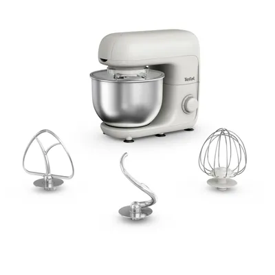 A white stand mixer with a silver bowl and three attachments displayed separately on a white background.