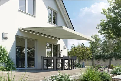 Produktbild von SOLUNA Kassettenmarkise Modern 6x1,5 Stoff Dessin 320968 Gestell RAL 9010 reinweiß Antrieb rechts inkl. Motor und Wandsc