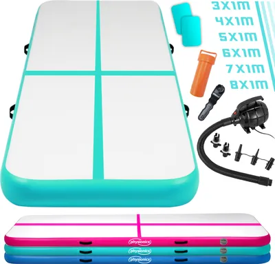 A collection of inflatable air track mats and accessories, including an electric pump.