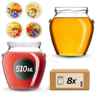 Zdjęcie produktu dla Słoiki do wekowania KADAX 510 ml z zakręcaną pokrywką fi82mm, słoiki zakręcane z pokrywką, słoiki na miód, słoiki do wekowania miodu (kolorowa pszczoła, 8 sztuk)