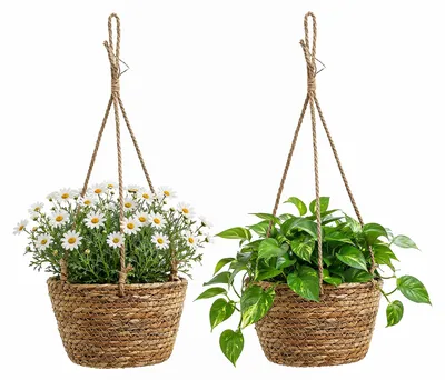 Zdjęcie produktu dla Kosze na rośliny wiszące, ręcznie tkane, zestaw 2 sztuk, naturalna dekoracja do ogrodu i balkonu