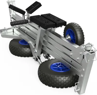 A silver trolley with black padded rests and blue wheels, shown on a white background.