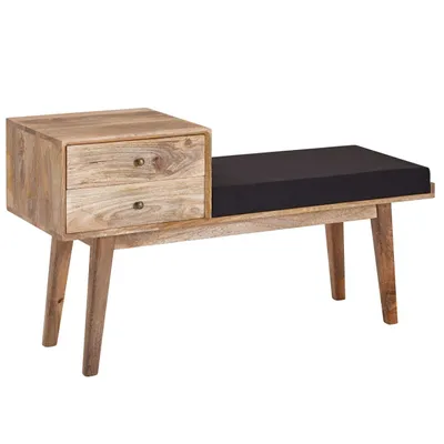 Produktbild von Sitzbank Stoff / Massivholz Bank 120x65x40 cm im Retro Stil, Flur Polsterbank mit Stauraum, Gepolsterte Stoffbank Aufbewahrung Schwarz, Kleine Bettbank Flurbank