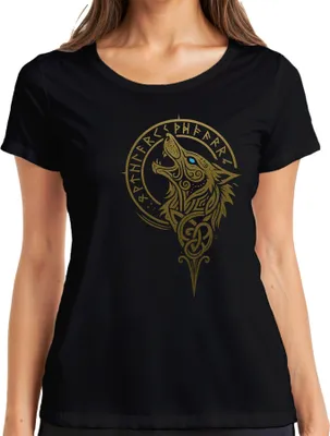 Obrázek produktu pro Dámské tričko Viking Wolf Nordic Fenrir Runes Wolf Head Celtic Gold, černá, S