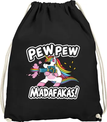 Produktbild von Turnbeutel Pew Pew Madafakas böses Einhorn Regenbogen Unicorn Gymsac Moonworks® schwarz unisize