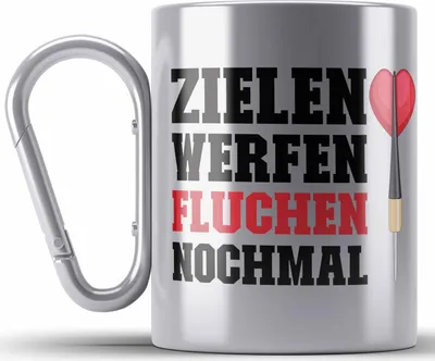 Produktbild von Trendation - Dart Edelstahl Tasse Karabiner Dartpfeil Zielen Werfen Fluchen Nochmal Spruch Männer Dart-Spieler Geschenkidee (Silber)