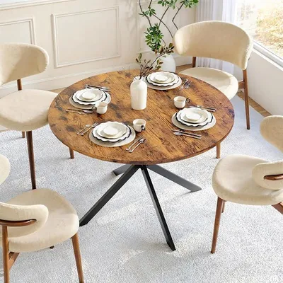 Produktbild von Runder Esstisch 120 cm, Tisch für 4-6 Personen, Industrie-Design mit Metall-X-Gestell, platzsparend für Esszimmer und Wohnzimmer (Bauernhausbraun)