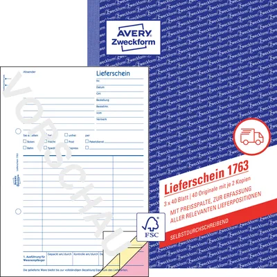 Produktbild von Avery Zweckform 1763, Lieferscheine mit Preisspalte, A5, selbstdurchschreibend, 3x40 Blatt