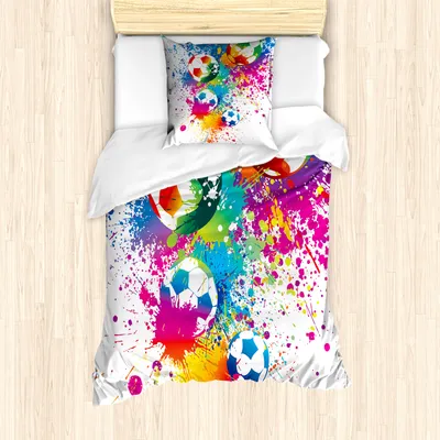 Produktbild von ABAKUHAUS Fußball Mantele, Bunter Spritzer Ball, Milbensicher Allergiker geeignet mit Kissenbezügen, 135 cm x 200 cm - 80 x 80 cm, Mehrfarbig