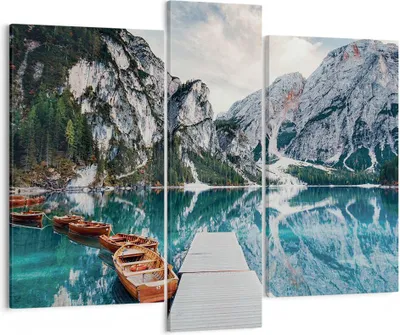 Produktbild von Bild auf Leinwand - Leinwandbild - 3 Teile - Boote Berge Hafen - 95x80cm - Wand Bild - Wanddeko - Wandbilder - Leinwanddruck - Bilder - Wanddekoration - Leinwand bilder - Wandbild - CB95x80-5068