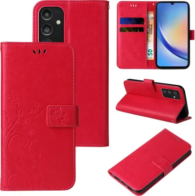 Produktbild von Handyhülle für Samsung Galaxy A34 5G Floral Blumen Schmetterling Flip Cover Hülle Case Klapphülle Handytasche Farbe: Rot