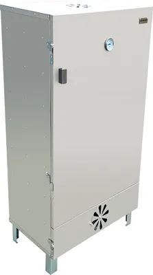 A stainless steel smoker oven on a white background.