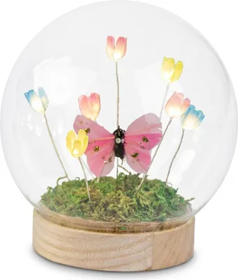 Produktbild von formano LED Deko Kugel Blumen Schmetterling Glaskugel mit Holzsockel &Timer 13cm