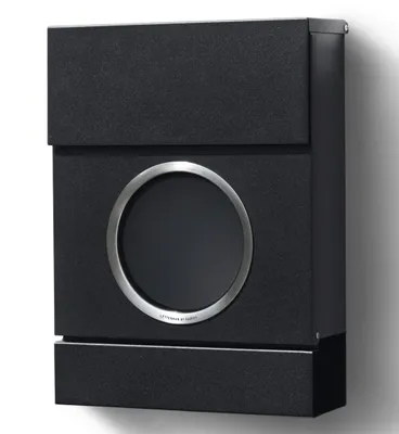 A black mailbox with a circular silver-trimmed window is shown against a white background.