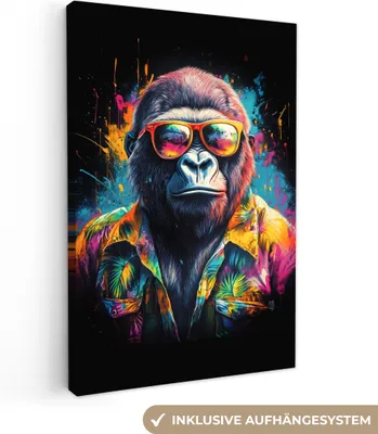 Produktbild von MuchoWow® - Leinwandbilder - Graffiti - Sommer - Affe - Gorilla, Wandbild, Wanddeko Bilder Wohnzimmer, 80x120 cm
