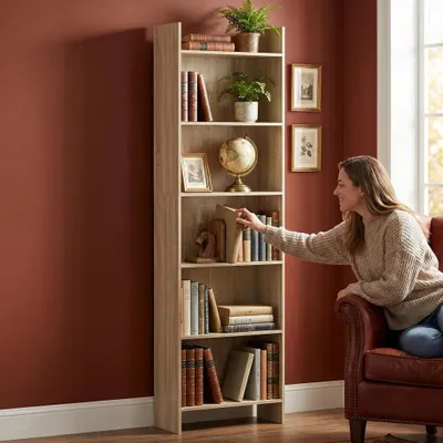Produktbild von Bücherregal Standregal 6 Fächern 24 x 48 x 170 cm Eichenbeige | offen, für Wohnzimmer, Arbeitszimmer, Büro, als Raumteiler