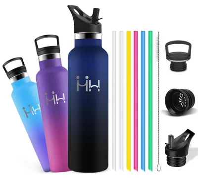 Produktbild von Trinkflasche Edelstahl, 1l, Trinkflasche Sport mit Strohhalm Bürsten