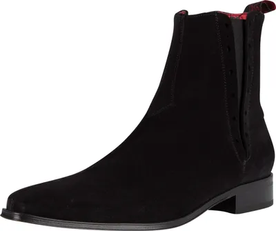A single black suede boot shown from the side against a white background.