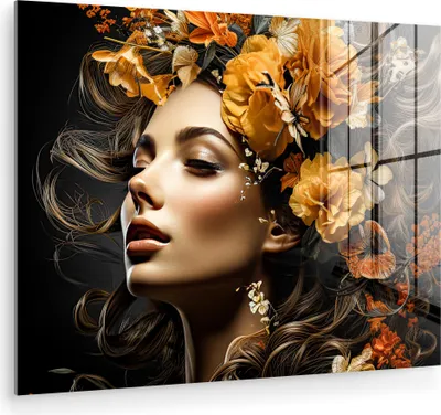 Produktbild von MuchoWow Glasbilder - Bilder auf Wandbild - Foto auf Glas Frau - Porträt - Blumen - Farbenfroh 80x60 cm Wanddekoration aus Glas - Acrylglasbild - Acrylbilder - Wanddekorationen
