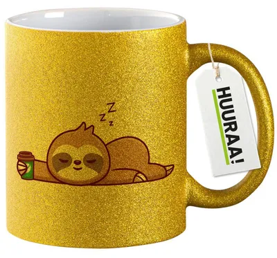 Produktbild von Huuraa Glitzertasse schlafendes Faultier Comic 330ml Gold Keramik Kaffeebecher Geschenkidee