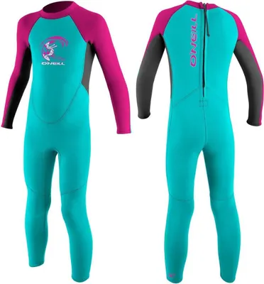 A full-body wetsuit for toddlers, shown from front and back.