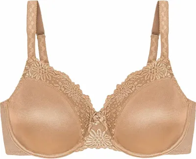 A studio shot of a nude-colored minimizer bra with underwire and lace detailing.